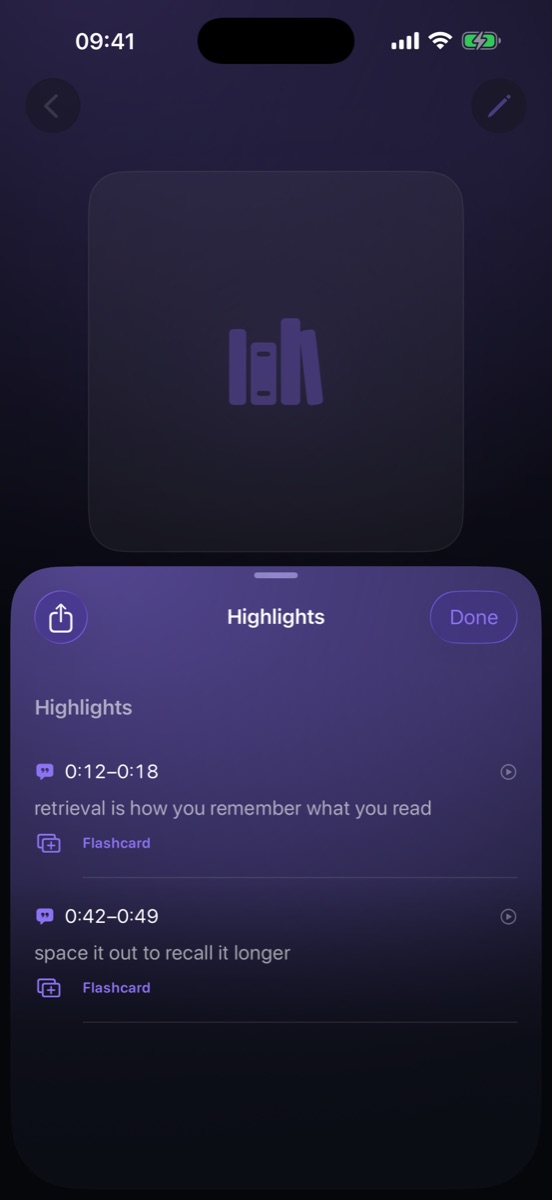A book's highlights list with timestamps and Flashcard buttons