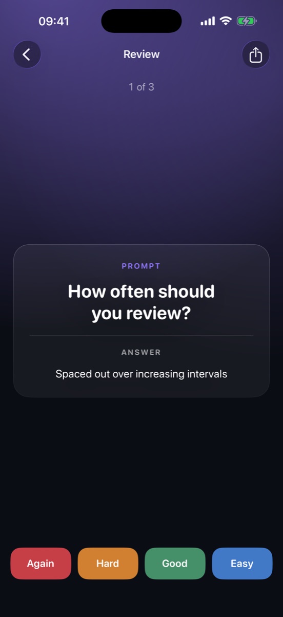 A flashcard review screen with Again, Hard, Good and Easy buttons